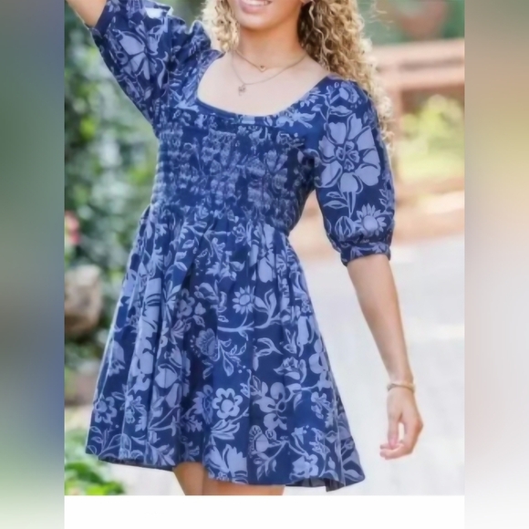Free People Navy Floral Mini Dress W/ Puff Sleeves Smocked Bodice& Heart Buttons - Picture 3 of 13